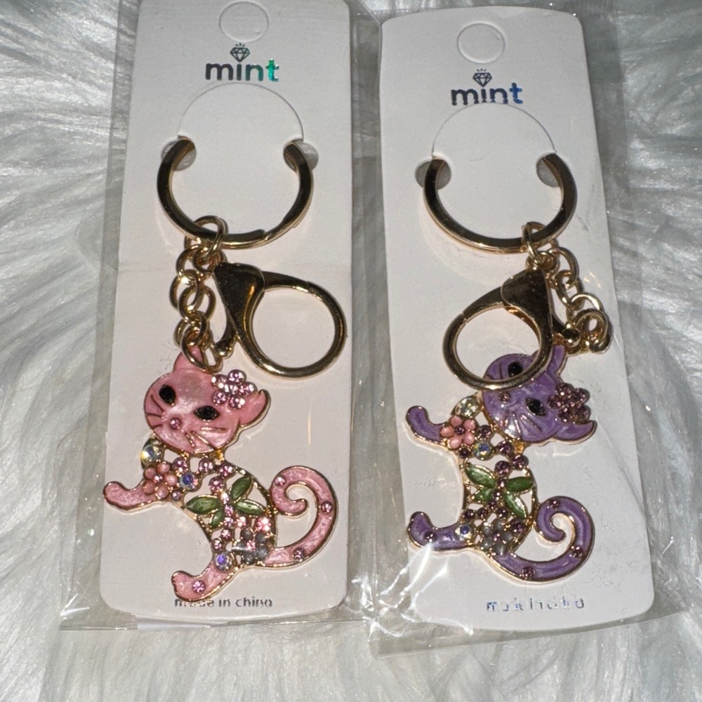 Mint Pink and Purple Cat Keychains with Gold Accents